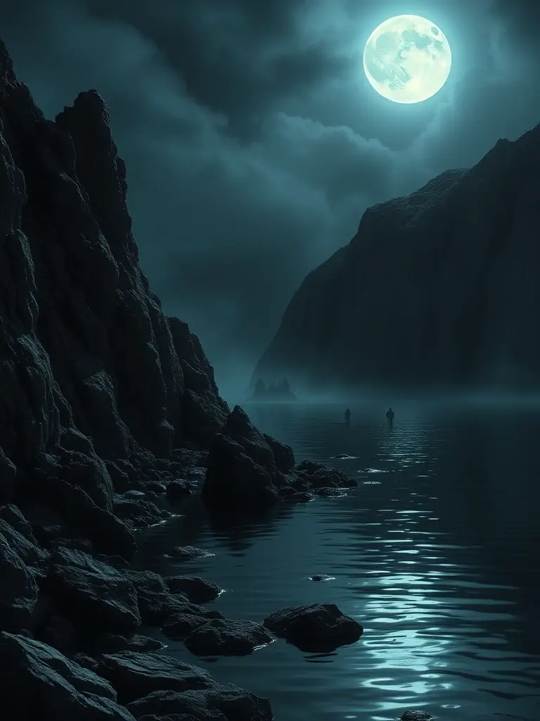A mysterious book cover showing a hidden cove on the Obsidian Coast, with the title 'Whispers of the Forgotten Siren' subtly integrated.