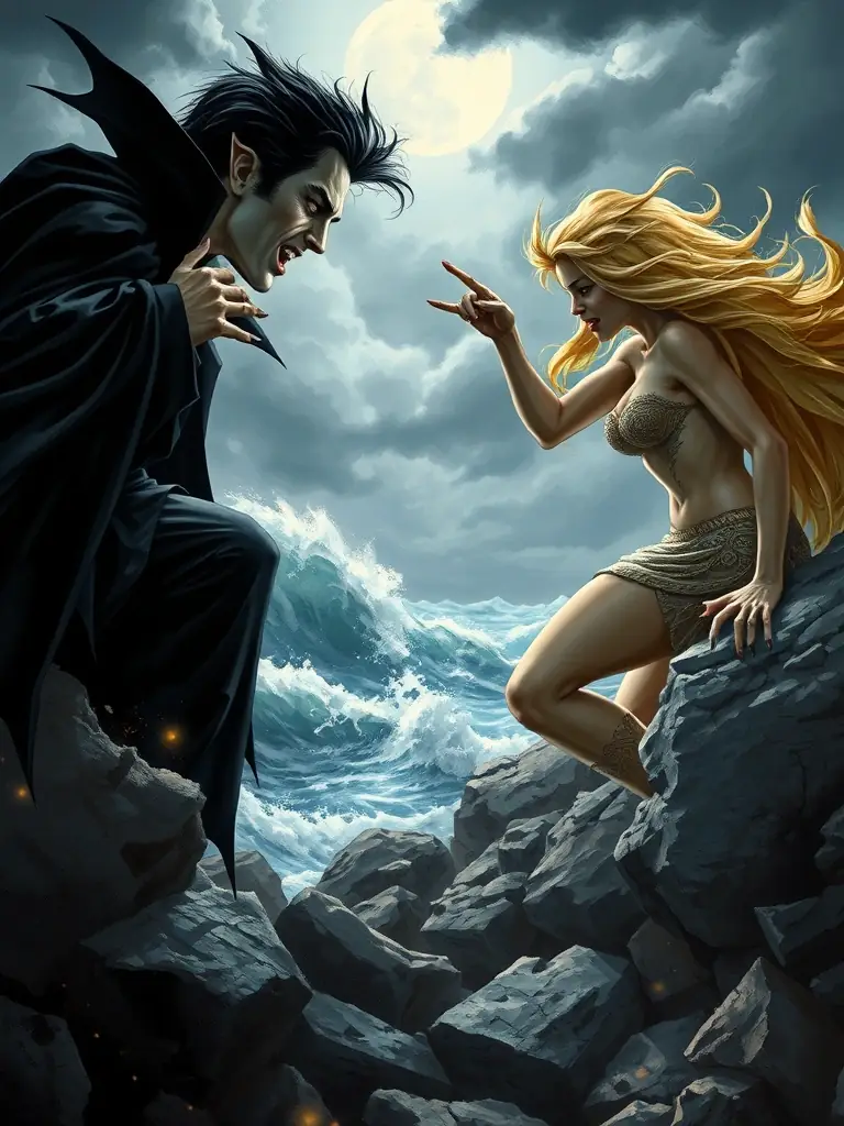 A book cover of 'Between the Tide and Twilight', featuring a vampire and a siren in a tense encounter, set against the backdrop of the Obsidian Coast.