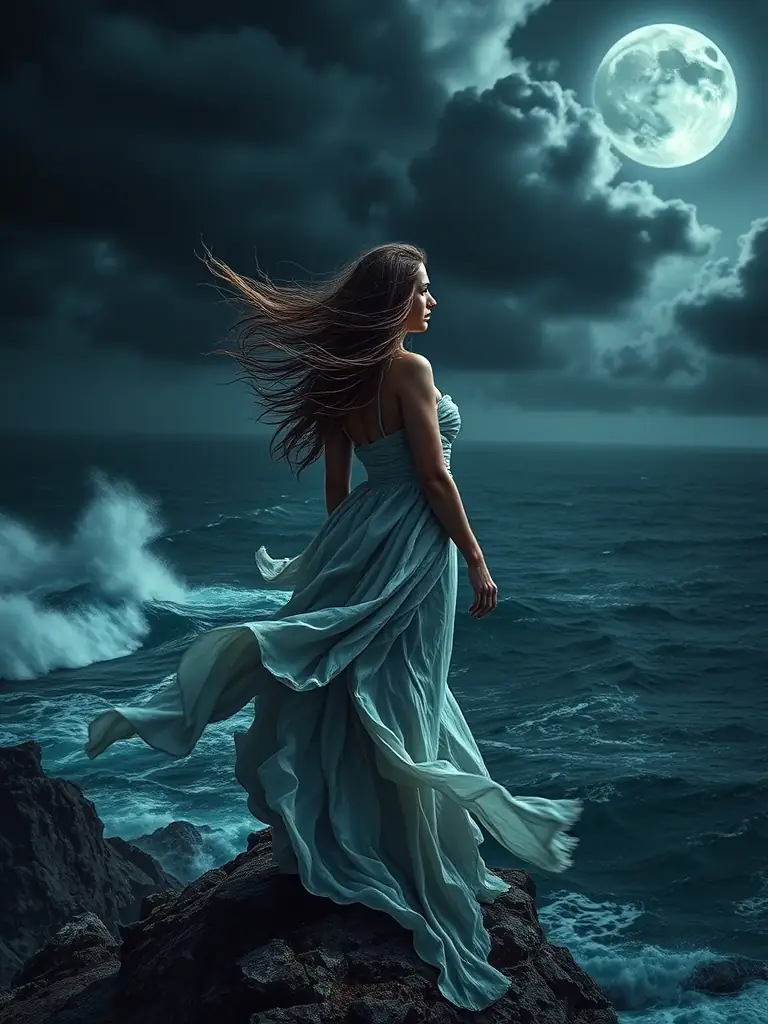 A captivating book cover featuring a siren standing on a cliff overlooking a stormy sea, with the title 'In This Life and the Next' prominently displayed.